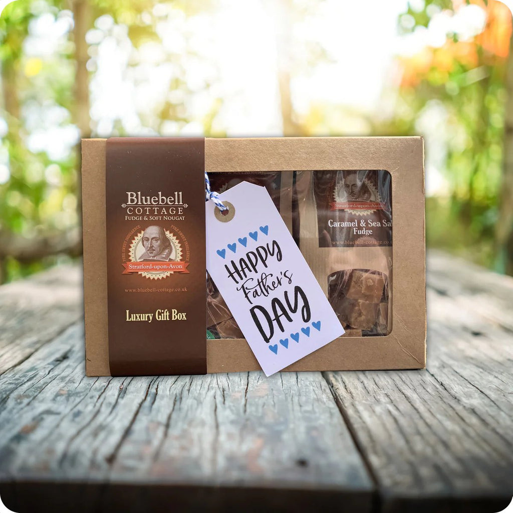 Gift Box of Fudge with Happy Father's Day greeting card on it.